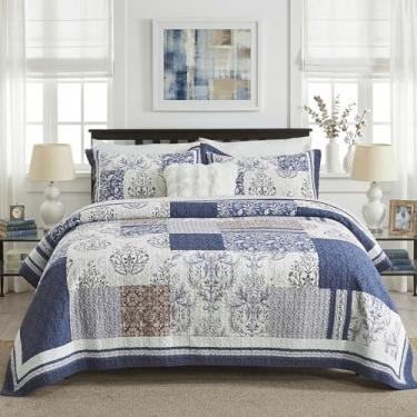 Imagem de KALOOLA Conjunto de colcha Queen Size 100% algodão – Colcha acolchoada vintage leve com 2 fronhas, estampa reversível, estampa floral, xadrez, edredom fino para todas as estações, azul/branco/marrom