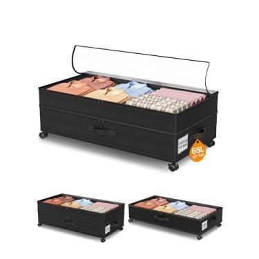 Imagem de LeArex Armazenamento sob a cama com rodas, 1 pacote com organizador de armazenamento de sapatos embaixo da cama, 19 a 27 cm de altura ajustável para embaixo da cama com tampas, capacidade extra grande
