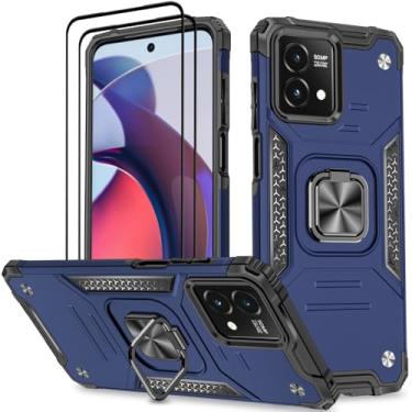 Imagem de HONG-AMY Capa para Moto G Stylus 5G 2023 com 2 peças de protetor de tela de vidro temperado, grau militar duplo à prova de choque com suporte - azul