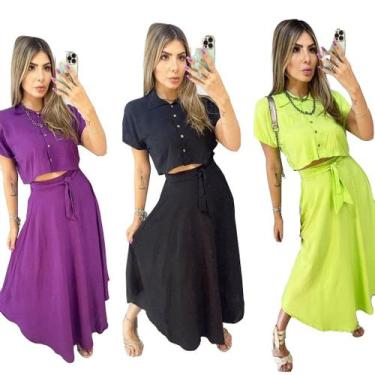 Imagem de Conjunto Feminino Saia Longa e Blusinha Cropped Viscolinho - Rezes Mod