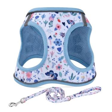 Imagem de Mihqy Step in Conjunto de coleira e coleira para cães, refletivo, ajustável, antipuxão, para cães extrapequenos/pequenos, filhotes e gatos, colete de malha acolchoada macia para meninas e meninos