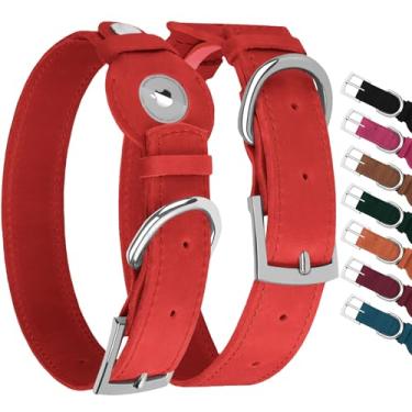 Imagem de Coleira de couro para cães com suporte para Airtag – Coleira para cães Apple Air Tag – Coleira de rastreamento suave para cães pequenos, médios e grandes raças (vermelho, P, ajuste de pescoço de 23 a