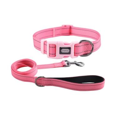 Imagem de Olahibi Conjunto de coleira de cachorro, poliéster durável com tiras refletivas de segurança, coleira combinando de 1,5 m, alça acolchoada de neoprene, ajustável em 4 tamanhos para cães pequenos