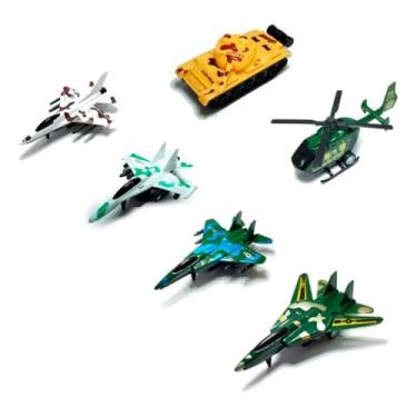 Imagem de Kit Frota Militar 7 Itens com Fricção | 5 Aviões de Caça, 1 Helicóptero e 1 Tanque de Guerra | Brinquedo Infantil de Combate Colecionável Seguro INMETRO | Presente Meninos e Meninas