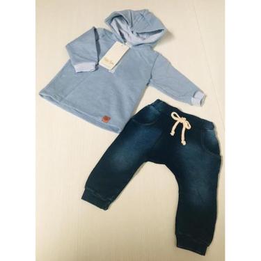 Imagem de Conjunto Longo Bebe Menino 2 Pçs Calça + Blusa 278 - Azul-aço - M - 3 A 6 MESES-Masculino