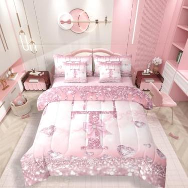 Imagem de Conjunto de edredom com laço com inicial T, 7 peças, solteiro, fita do alfabeto rosa, laço e laço para crianças, adolescentes, moda moderna, estética, fantasia