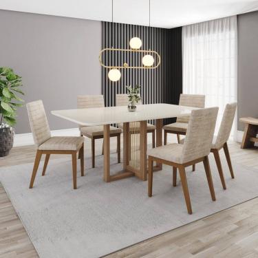 Imagem de Conjunto Mesa Natalí 160cm com Vidro 06 Cadeiras Elena Marrom/Off White/Creme