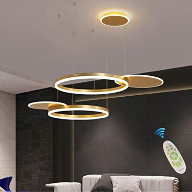 Imagem de Luminária de mesa de jantar LED, pendente moderna, dimerizável, com altura ajustável, design de 5 anéis, lustre de metal e acrílico, para sala de estar, cozinha e sala de jantar, dourada, 10