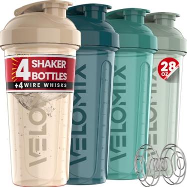 Imagem de VELOMIX Pacote com 4 garrafas coqueteleiras de 793 g para misturas de proteína - 4 x batedor de arame | Coqueteleira à prova de vazamento para shakes de proteína | Pacote de garrafa coqueteleira de