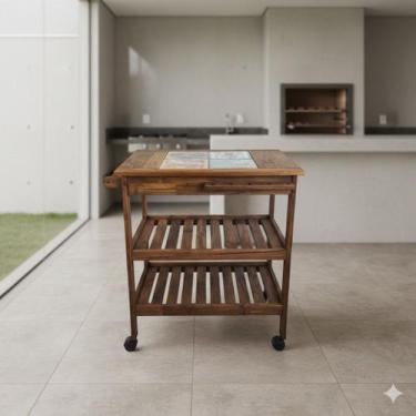 Imagem de Mesa Gourmet Churrasco Carrinho Madeira Vintage Rodas Cerâmica Pratele