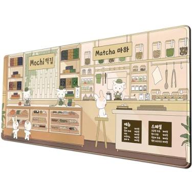 Imagem de ROMING Tapete de mesa Kawaii fofo bege gato coelhinho padaria grande tapete de mouse coreano japonês anime estético almofada de mesa 80 x 29 cm mousepad estendido grande teclado mouse pad presente