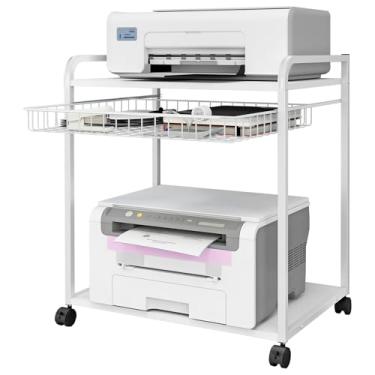 Imagem de ELwPet Suporte para impressora de armazenamento de 2 níveis com cesta, carrinho de impressora com rodinhas sob a mesa, mesa de impressora com rodas, branco