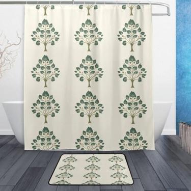 Imagem de xigua Elegante conjunto de tapetes de cortina de banheiro verde com 2 peças, conjunto temático de banheiro (152 x 182 cm) com cortina de chuveiro e tapete antiderrapante -12 ganchos 525