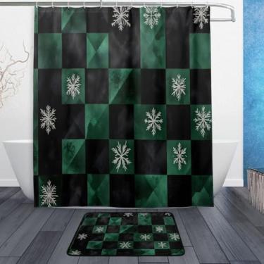 Imagem de xigua Conjuntos de tapetes de cortina de banho de flocos de neve xadrez verde 2 peças, conjunto temático de banheiro (152 x 182 cm) com cortina de chuveiro e tapete antiderrapante -12 ganchos767
