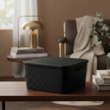 Imagem de Caixa Organizadora 7 Litros Rattan Preta Com Tampa Organizador de Armá