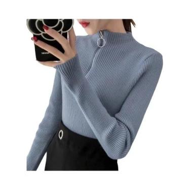 Imagem de Suéter Feminino Slim Fit De Gola Alta Com Zíper, Pullover De Tricô Par