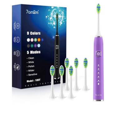 Imagem de 7AM2M Escova de dentes elétrica ultrassônica com 6 cabeças de escova para adultos e crianças, uma carga por 120 dias, carregamento USB-C - roxo