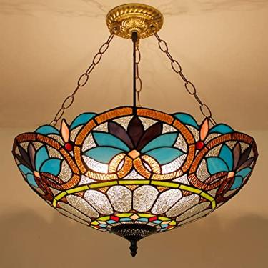 Imagem de Lustre estilo Tiffany de 50 cm (20 polegadas), luminária pendente vintage feita à mão em vitral, altura ajustável, lâmpada de teto LED E27 para decoração de sala de estar, quarto e sala de j