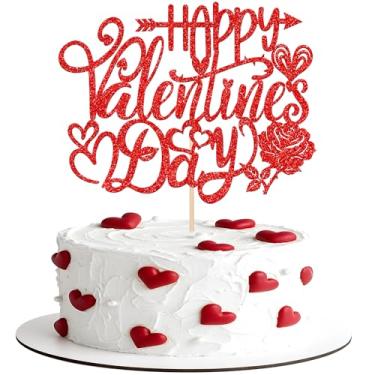 Imagem de 1 pacote de topo de bolo feliz dia dos namorados glitter com coração rosa glitter doce amor decoração de bolo para decoração de bolo de festa de aniversário para decoração de bolo de dia dos namorados