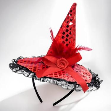 Imagem de ZeeDix Chapéu vermelho de penas de bruxa de Halloween - acessório de cabeça de bruxa para fantasia de Halloween, suprimentos de baile de máscaras