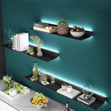 Imagem de Prateleiras flutuantes iluminadas, estante flutuante de metal, prateleiras de parede flutuantes, prateleira de exibição de livros pendurados, prateleira de parede para quarto, cozinha, decoração de