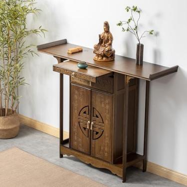 Imagem de Mesa de altar budista com porta de armário, santuário de meditação pessoal, banco de oração compacto para espaços pequenos, nicho de Buda estilo chinês de 120 cm/47,2 pol