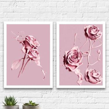 Imagem de Kit 2 Quadros Flores Rosas Tinta 45X34Cm