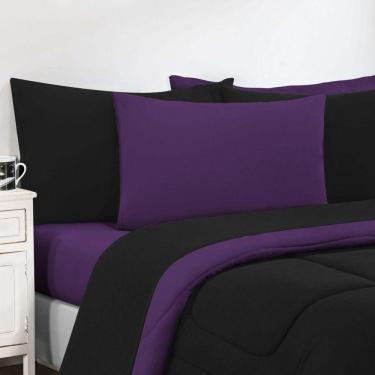 Imagem de Kit Edredom + Jogo De Lençol Malha 100% Algodão Gran Moratta 6 Peças Casal - Preto-roxo