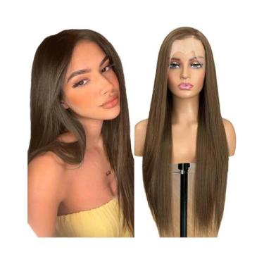 Imagem de Peruca Sintética Longa Lisa Sedosa Marrom Teal Com Renda Frontal 13x4,