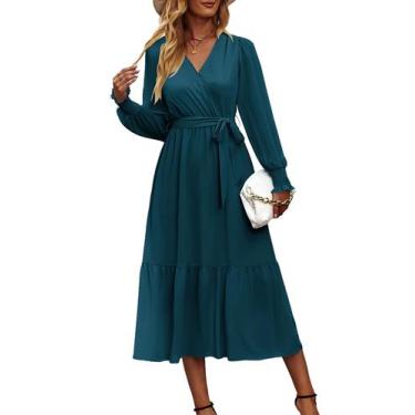 Imagem de Vestido PRETTYGARDEN Envelope Maxi com Babados e Decote V Azul Lago M