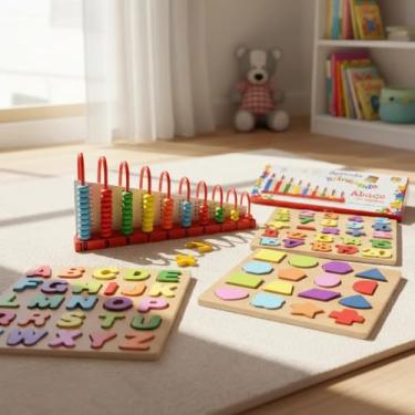 Imagem de Kit Brinquedos Pedagógico Completo Alfabeto e Ábaco Autismo Autista Crianças