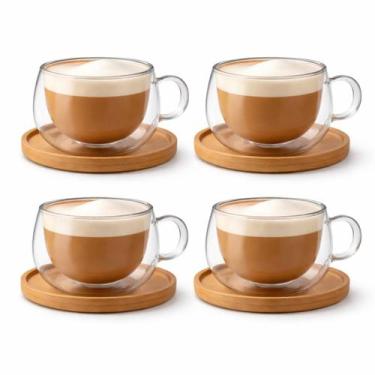 Imagem de Xicaras Vidro Duplo 140ml Com Pires Caneca Parede Dupla 4un - Majestic