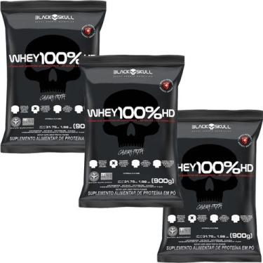 Imagem de Kit 3X Whey 100% HD - 900g Refil Morango - Black Skull
