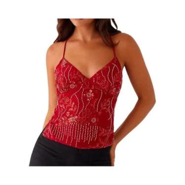 Imagem de Camisola Feminina Com Lantejoulas, Alça Espaguete, Ajuste Slim, Top Cu