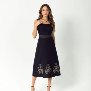 Imagem de Vestido Midi Bordado Poliamida Feminino  Liso Verão - Gris, M, Abacate