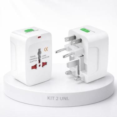 Imagem de KIT 2 Adaptador Tomada Universal para Viagem Internacional Compatível com + de 150 Países Bivolt Branco (USA, UK, AU, Argentina, Europa) Premium com Trava de segurança e Luz Indicativa Padrão