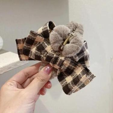 Imagem de Presilha De Cabelo Feminina Grande De Pelúcia Xadrez Com Laço, Estilo 