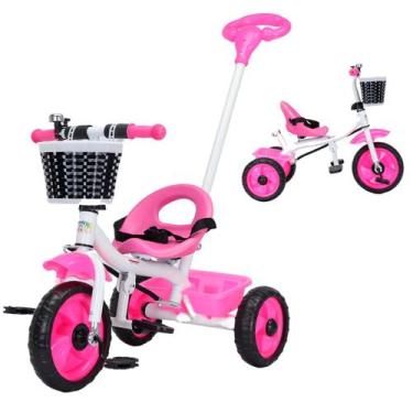 Imagem de Triciclo Infantil com Haste Empurrador Apoiador Removível Pedal Cesto 