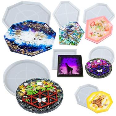 Imagem de FUNSHOWCASE Conjunto de moldes de silicone de resina epóxi para bandeja de sabonete, exibição de joias, placa Petri, concreto, cimento e argila de polímero, 7 unidades, geométrico, grande, 11 a 21 cm