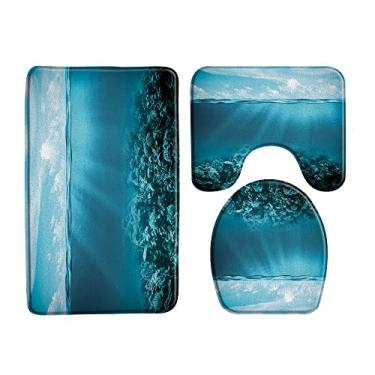 Imagem de Tapete de banho de água do mar oceano azul tapete de banheiro conjunto de 3 peças fundo do mar animal peixe flanela antiderrapante almofada em forma de U conjuntos de decoração de banho de banheiro, 33672J, 400MMx600MM