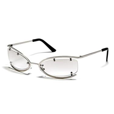 Imagem de Óculos de sol de metal retrô olho de gato feminino hip hop tendência óculos de sol meia armação masculinos óculos de sol ao ar livre uv400, c04 branco prata, china