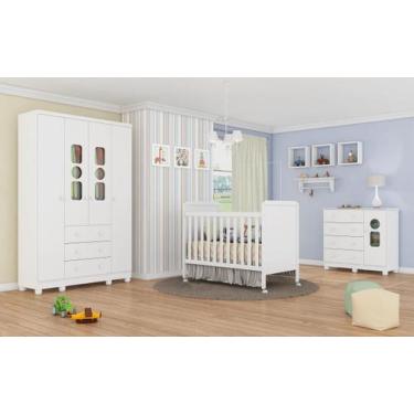 Imagem de Quarto Completo Bebê Tedy 03 Pçs Berço 100% Mdf  Branco Moveis Peroba