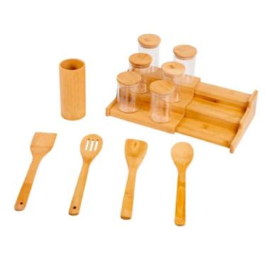 Imagem de Oikos - Kit 6 Potes de Vidro 200ml Hermético com Rack Organizador e Utensílios de Bambu