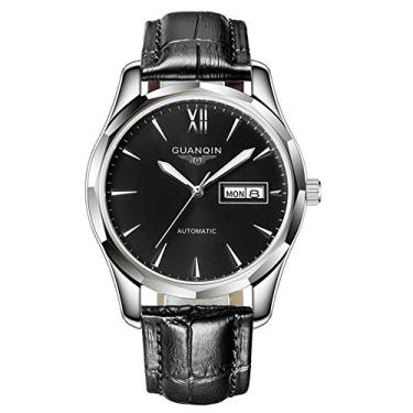 Imagem de Guanqin Relógio masculino, pulseira de couro preto, automático, mecânico, de aço inoxidável, moderno, analógico, à prova d'água, para negócios, esportes, casual, Preto, Mecânico