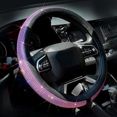 Imagem de ChuLian Nova capa de volante de couro de diamante com strass de cristal brilhante, ajuste universal, protetor de volante de carro de 38 cm para mulheres e meninas, diamante roxo