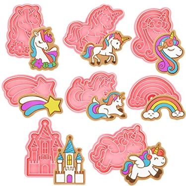 Imagem de Conjunto de 8 peças de cortadores de biscoito de unicórnio com carimbos de êmbolo em relevo em forma de unicórnio rosa animal molde de biscoito de unicórnio 3D com estampa de biscoito em relevo ferramenta de cozinha para suprimentos de festa