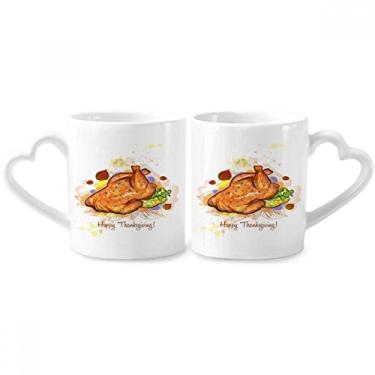 Imagem de Conjunto de canecas de porcelana para casais, estampa de peru, dia de Ação de Graças, coração