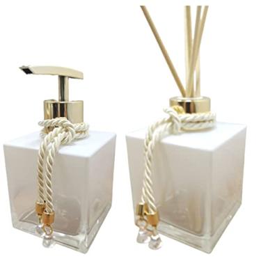 Imagem de Kit Lavabo Aromatizador Porta Sabonete Líquido-Jogo para Banheiro Saboneteira e Difusor de Varetas-Branco Degradê e Dourado-Luiggi Presentes®