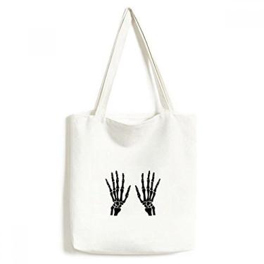 Imagem de Bolsa de lona com estampa de osso de esqueleto com mão humana preta bolsa de compras casual