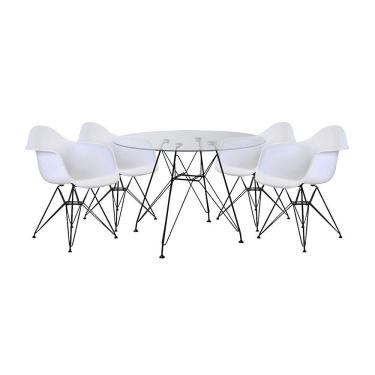 Imagem de Mesa de Vidro Redonda Eames Eiffel 90cm com 4 Poltronas Brancas Ferro Preto